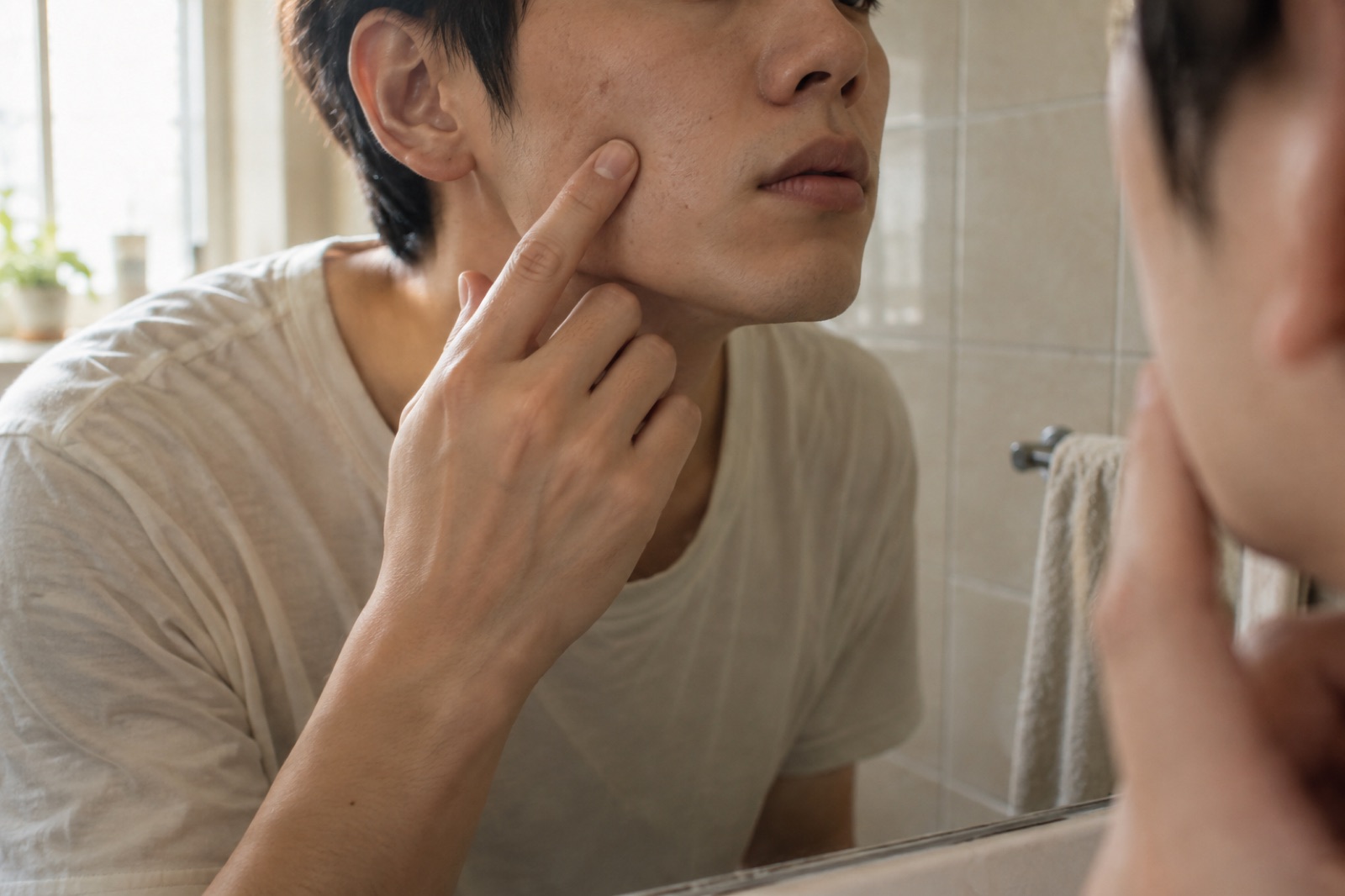 욕실 거울 앞에서 손끝으로 광대 옆 피부를 살펴보는 20대 남성