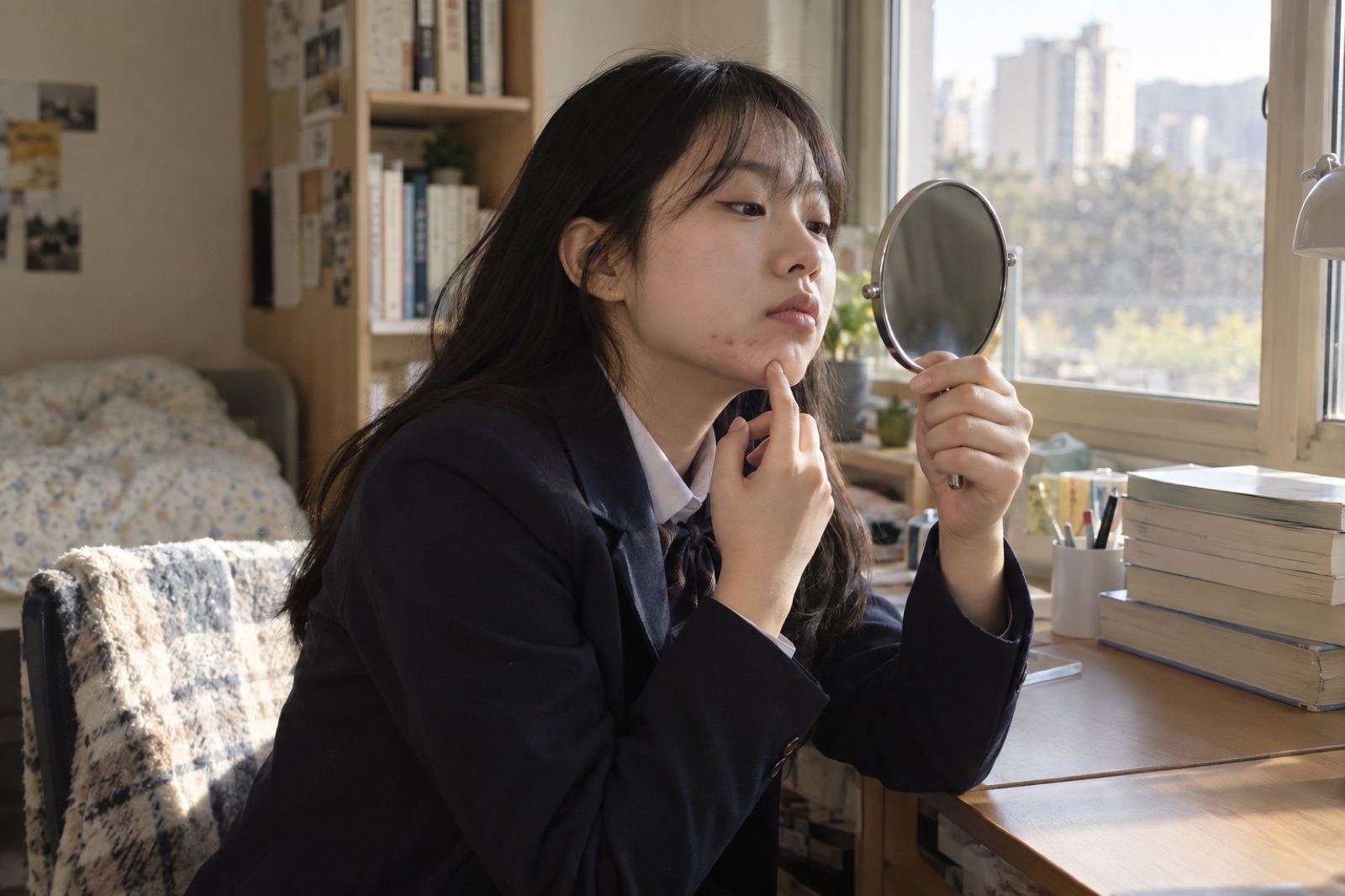 책상 창가에서 손거울로 턱을 비춰 보는 교복 차림의 10대 여학생