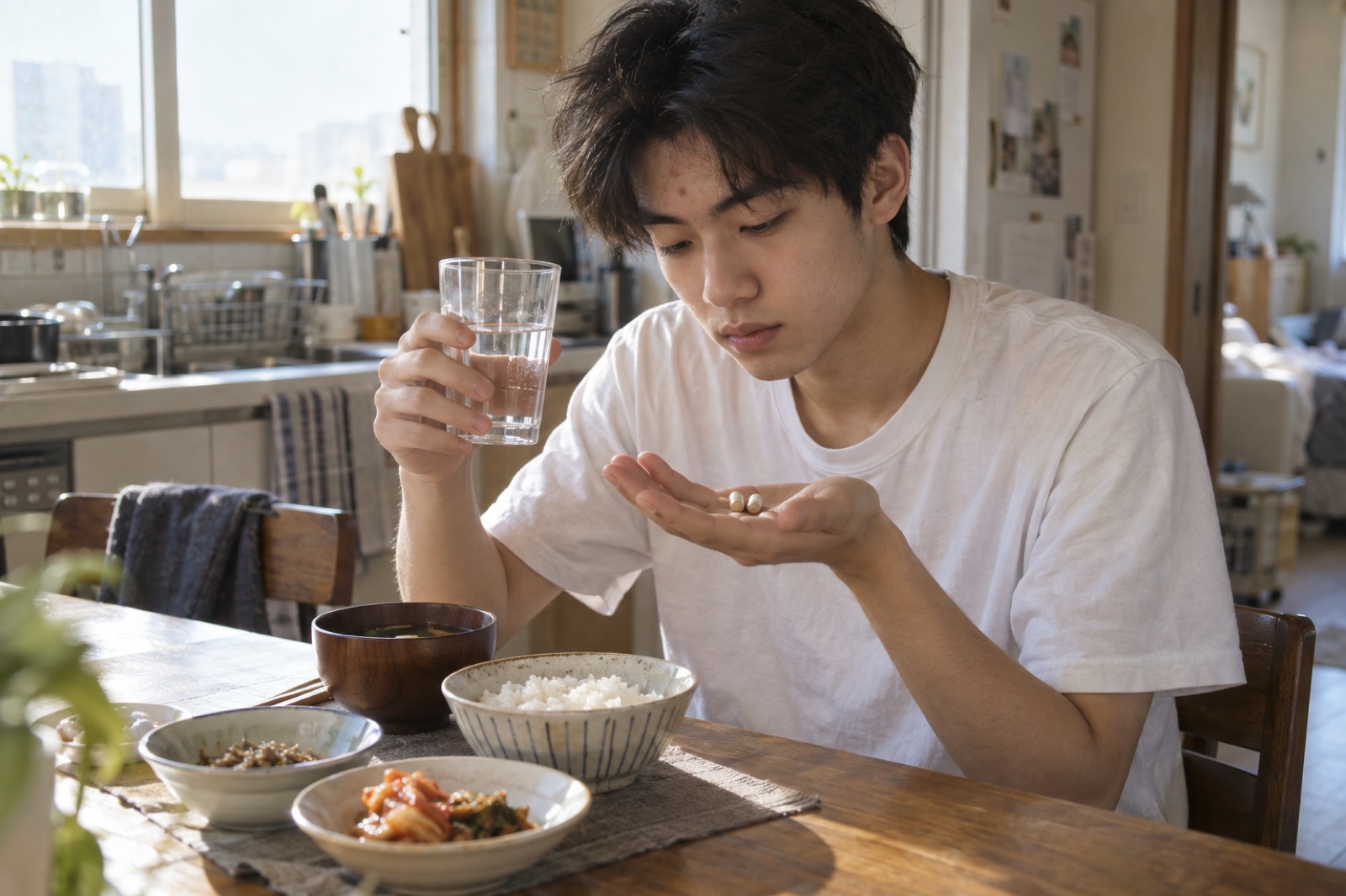 아침 식탁에서 물컵을 든 채 손바닥 위 캡슐 두 알을 보는 10대 남학생