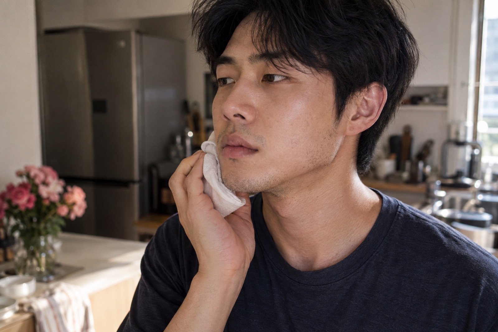 부엌에서 얇은 천으로 감싼 얼음을 턱에 대고 있는 20대 남성의 손