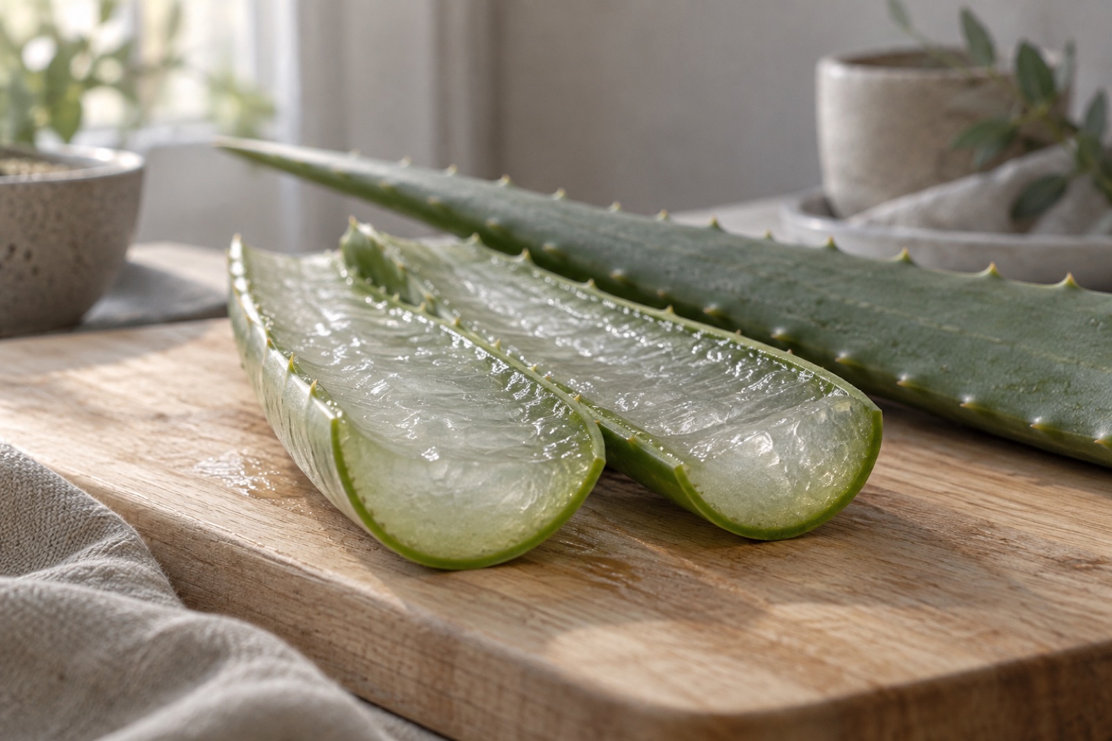 도마 위에 반으로 자른 알로에 잎과 투명한 젤