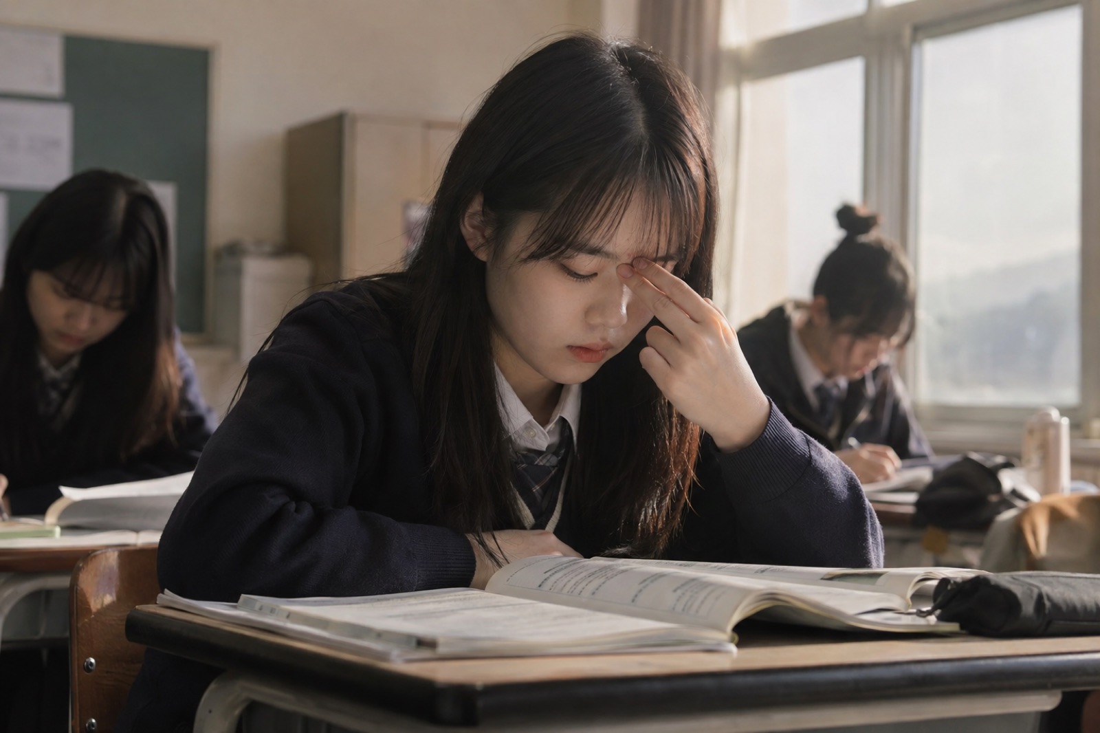 미간에 손가락을 대고 공부하는 앞머리 있는 여학생