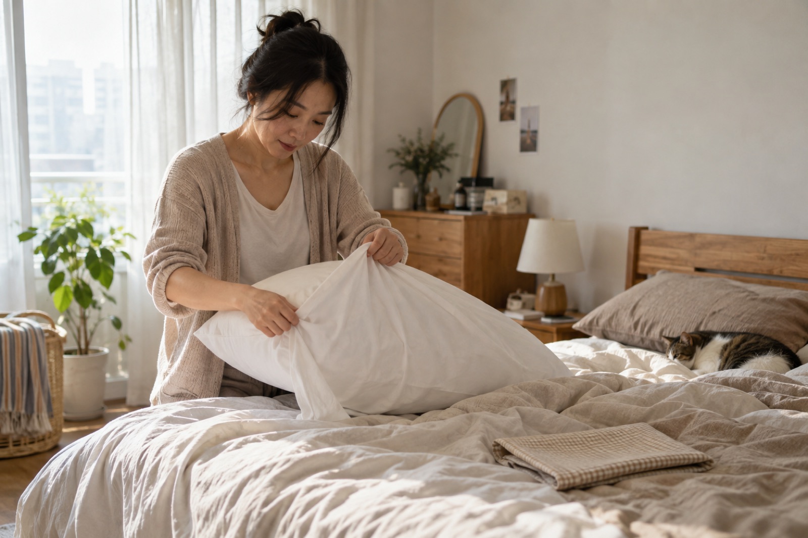 밝은 침실에서 베개커버를 새것으로 갈아 씌우는 30대 여성