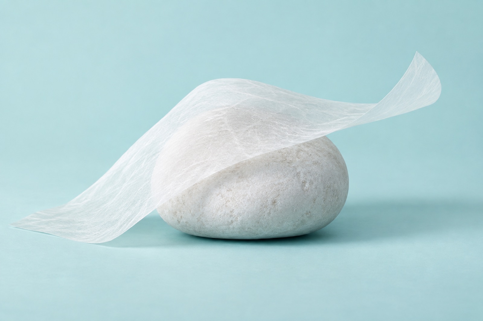 흰 돌 위에 얹혀 한쪽 끝이 말려 올라간 얇은 반투명 종이