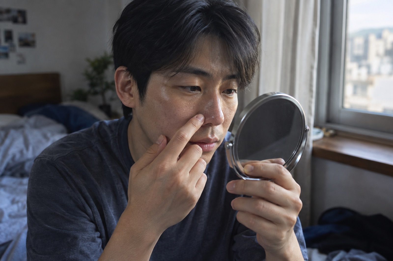 창가에서 손거울로 코 옆 모공과 유분을 살피는 20대 남성
