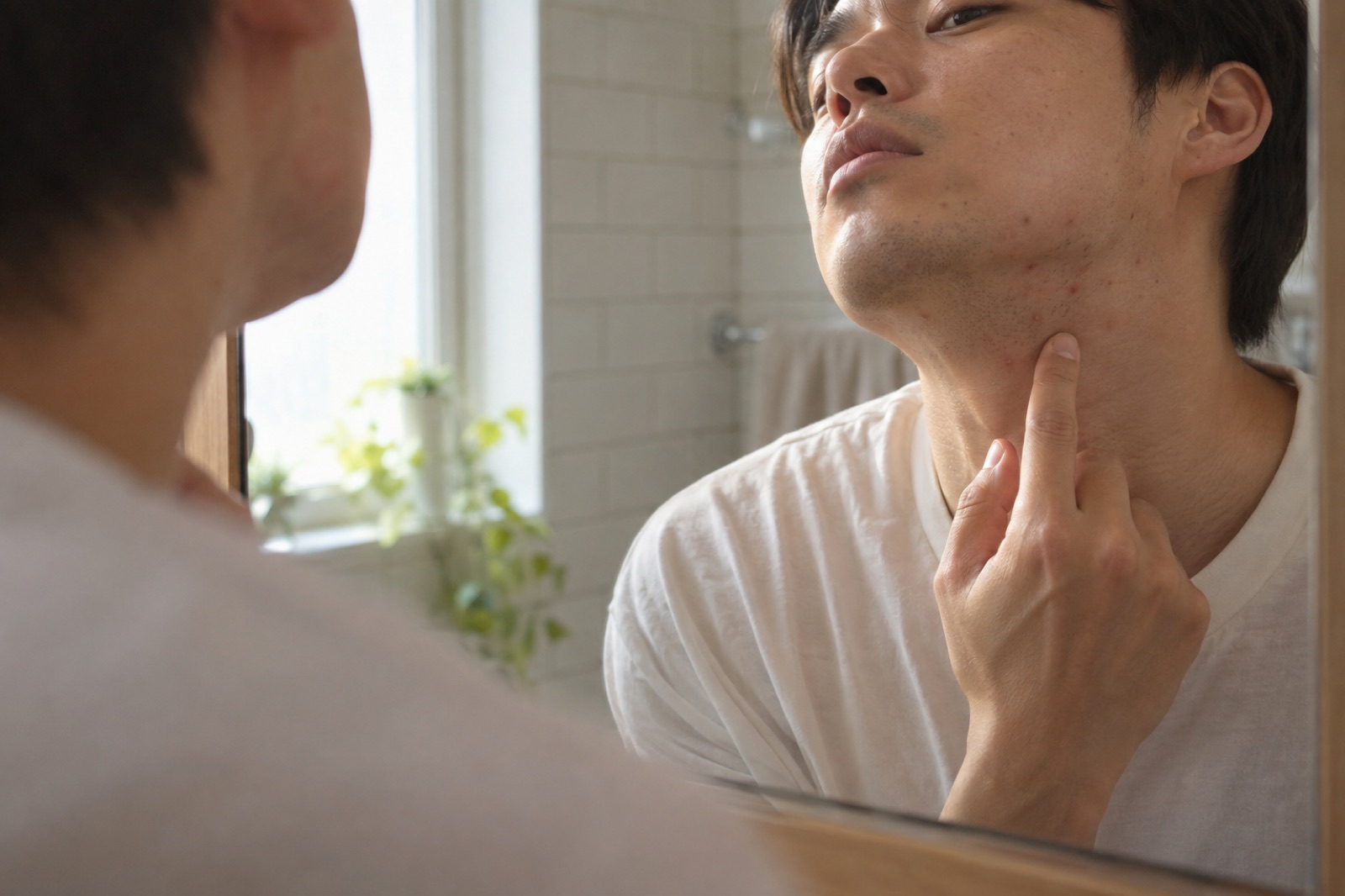 욕실 거울 앞에서 면도한 턱선을 살펴보는 20대 남성