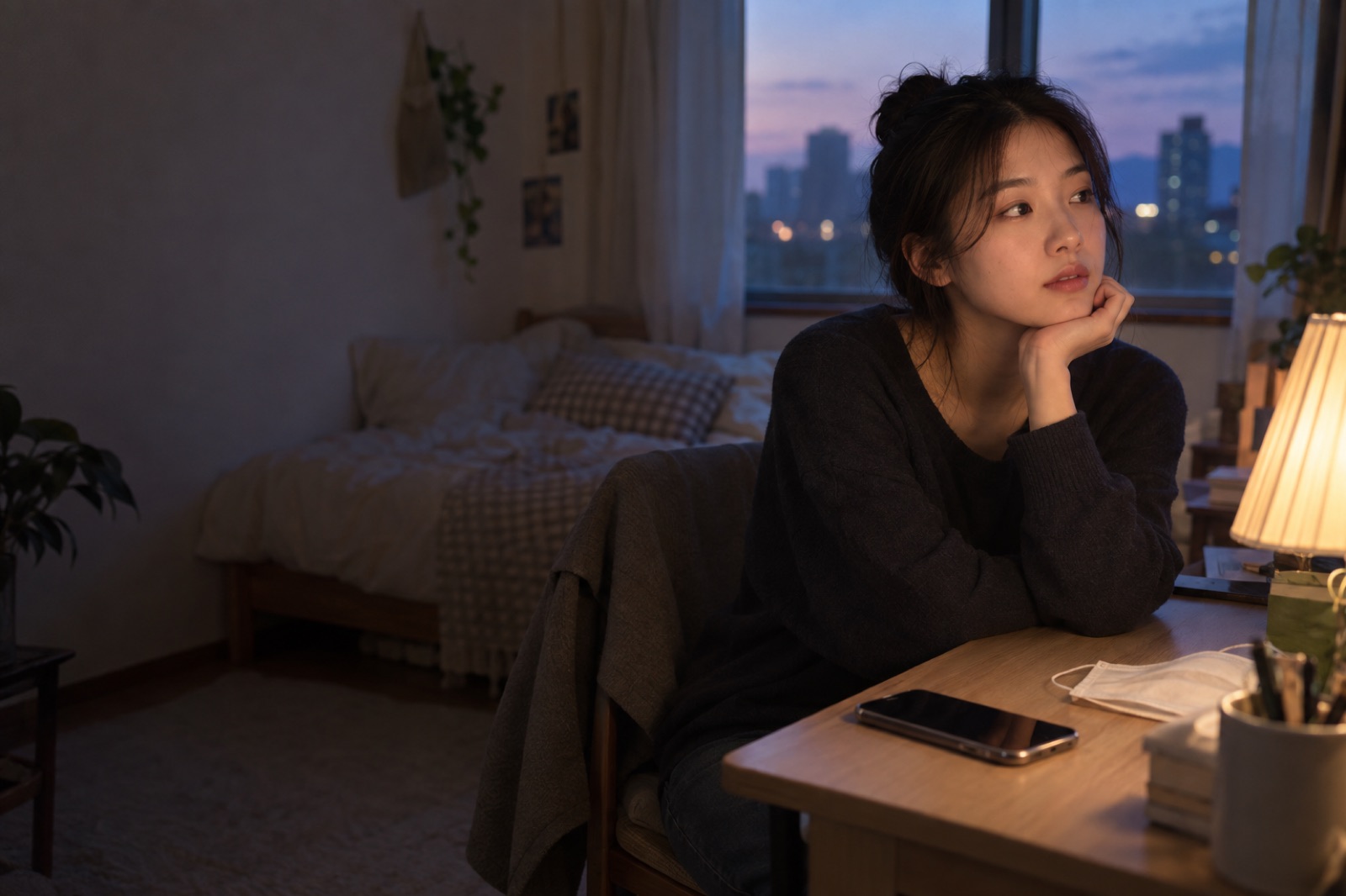 저녁 방 책상에서 턱선에 손을 댄 채 앉아 있는 20대 여성