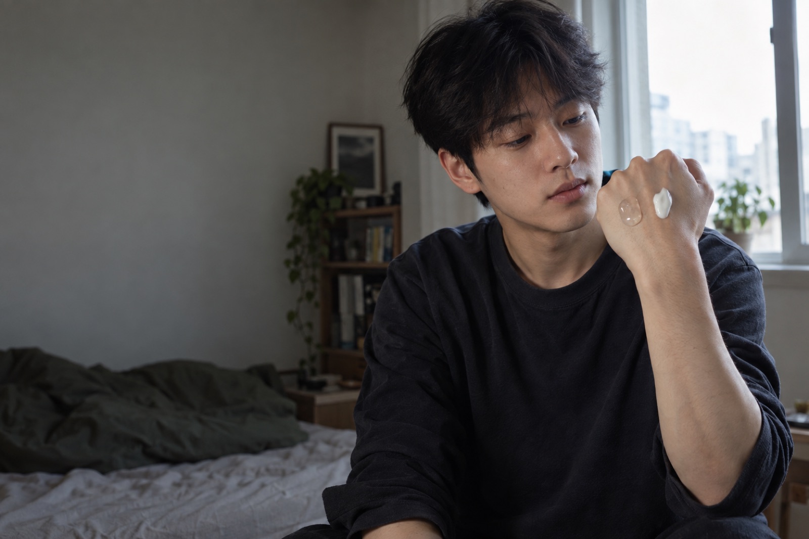창가에서 손등에 올린 투명한 젤과 흰 크림을 비교해 보는 20대 남성