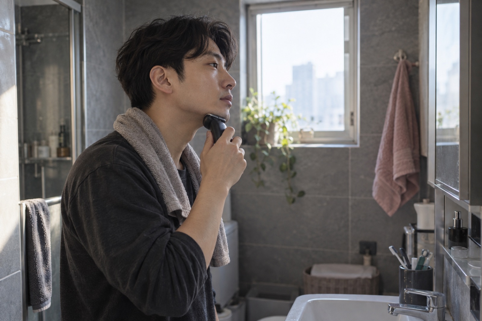 회색 타일 욕실에서 인중과 턱을 면도하는 30대 남성