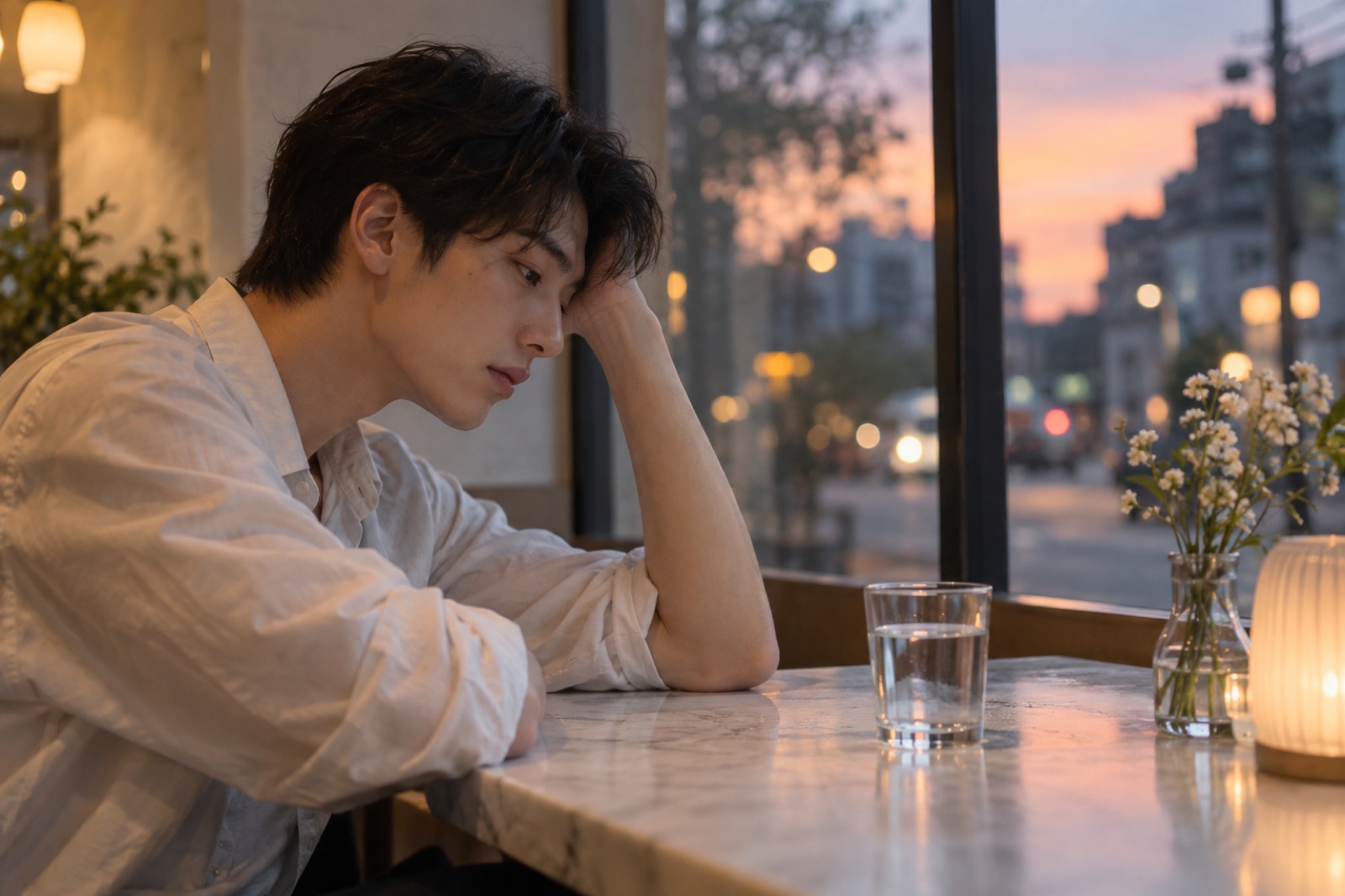 해 질 무렵 카페 테이블에서 이마에 손을 얹은 20대 남성의 옆모습