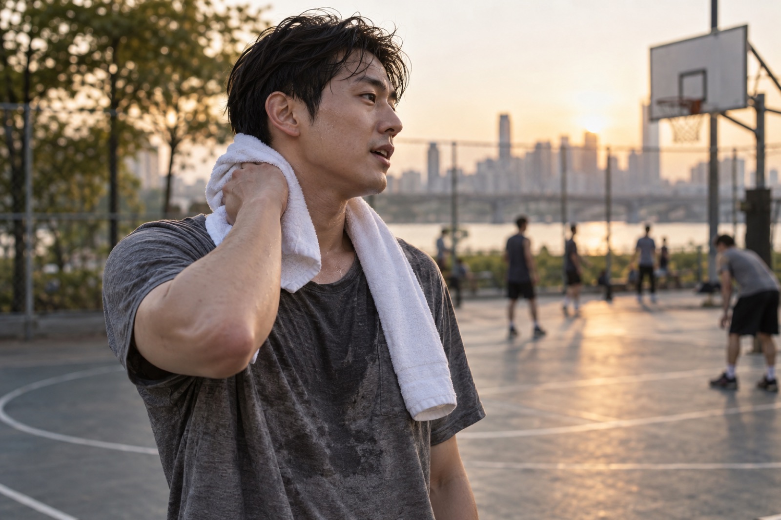 운동 뒤 목에 두른 수건으로 땀을 두드려 닦는 남성의 옆모습