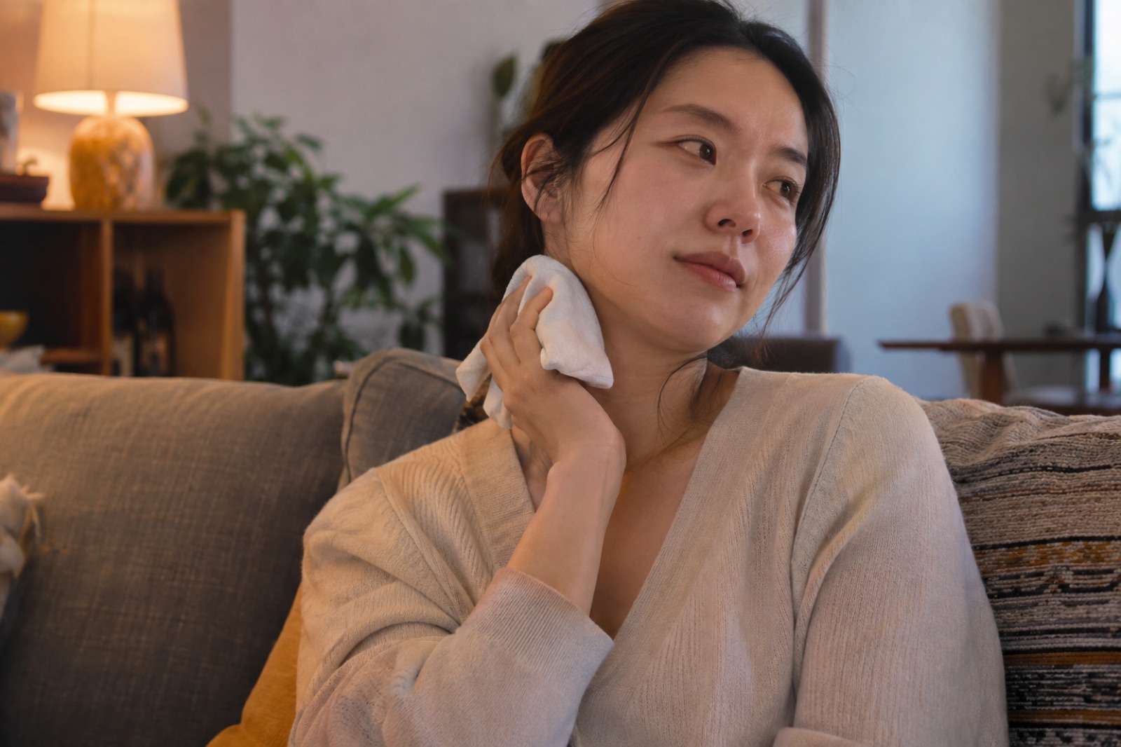 손을 대지 않고 목 옆에 얇은 천으로 감싼 얼음을 대고 있는 여성