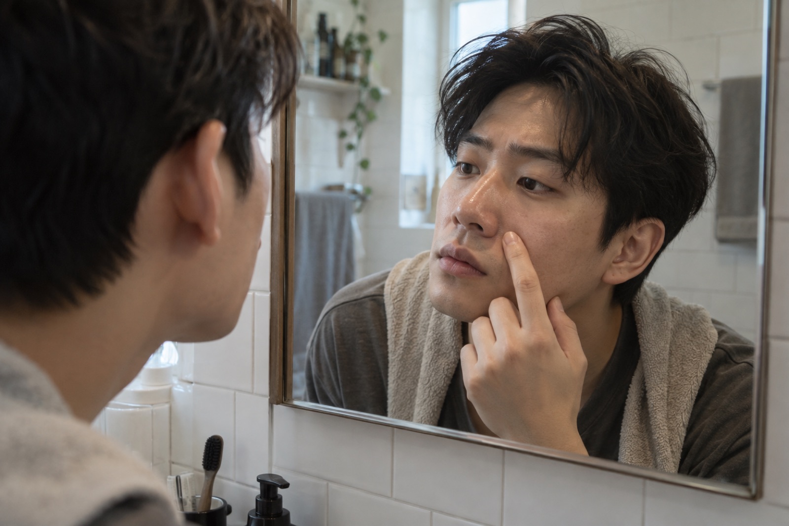 욕실 거울 앞에서 콧방울 옆 모공을 가까이 살피는 20대 남성