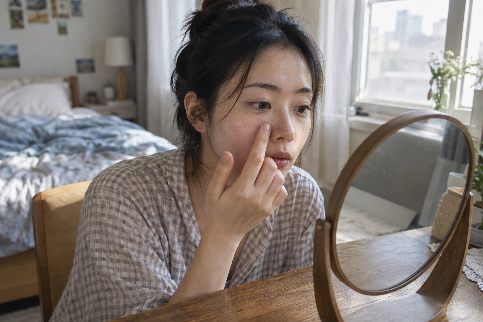 창가 화장대에서 손끝으로 코 옆에 투명한 제형을 누르는 20대 여성