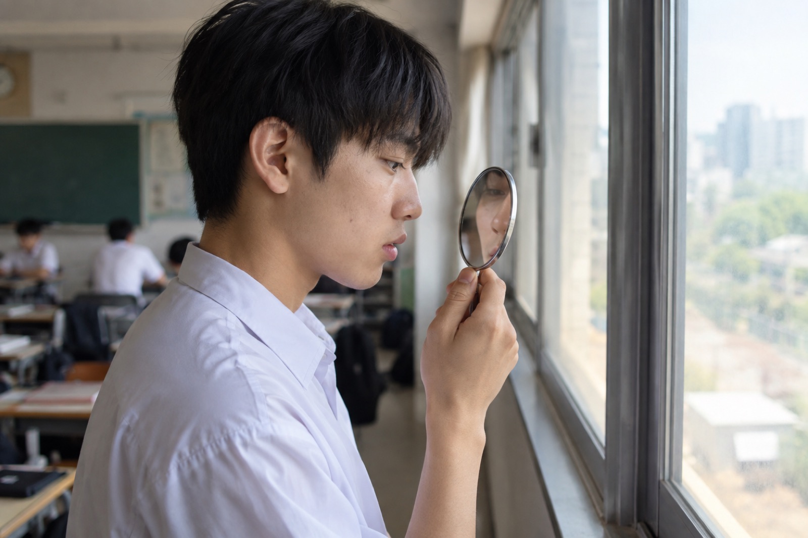 교실 창가에서 손거울로 콧등을 비춰 보는 교복 차림 남학생