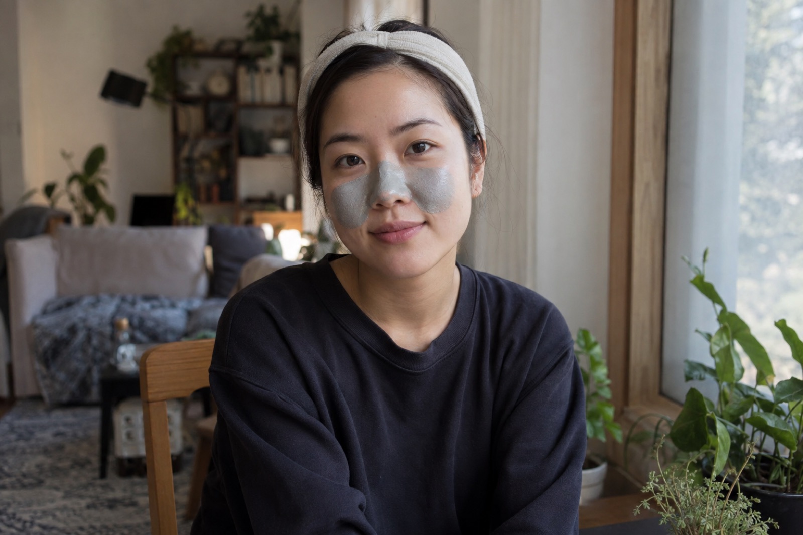 창가 의자에 앉아 콧등과 볼 옆에 회색 점토팩을 바른 여성