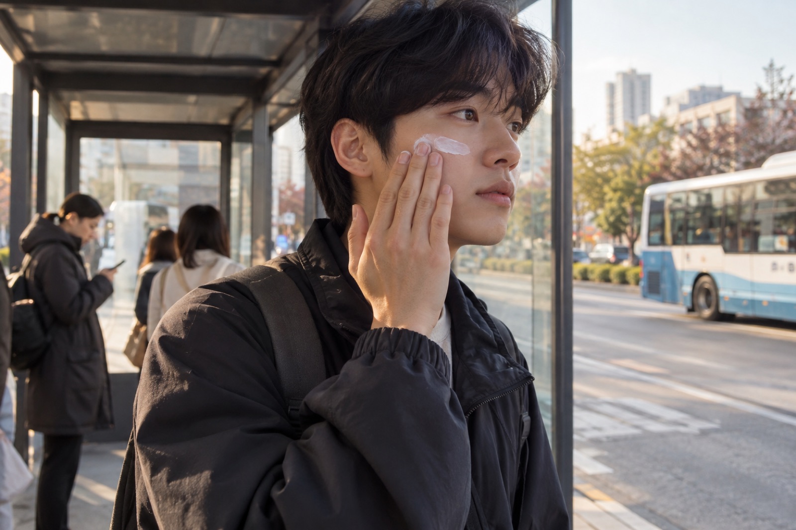 아침 버스정류장에서 손끝으로 광대 위에 흰 선크림을 펴 바르는 남성