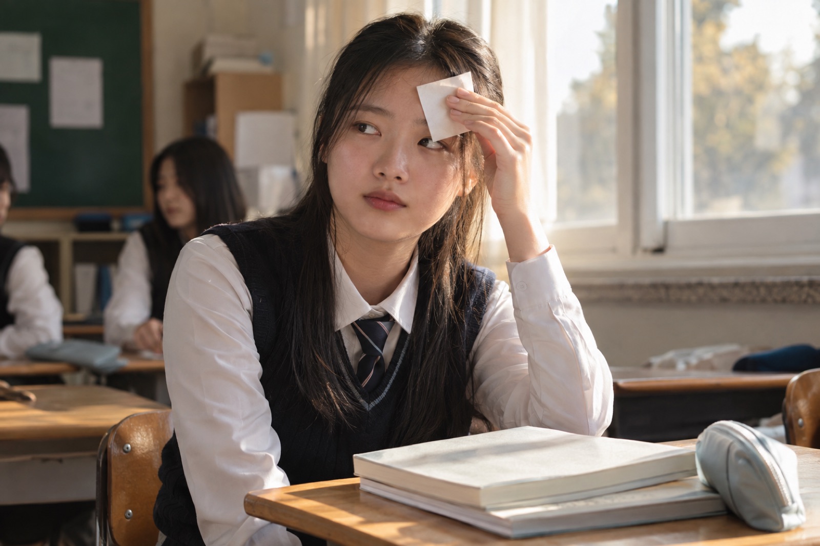 학교 책상 앞에서 이마에 기름종이를 가볍게 대 보는 10대 여학생