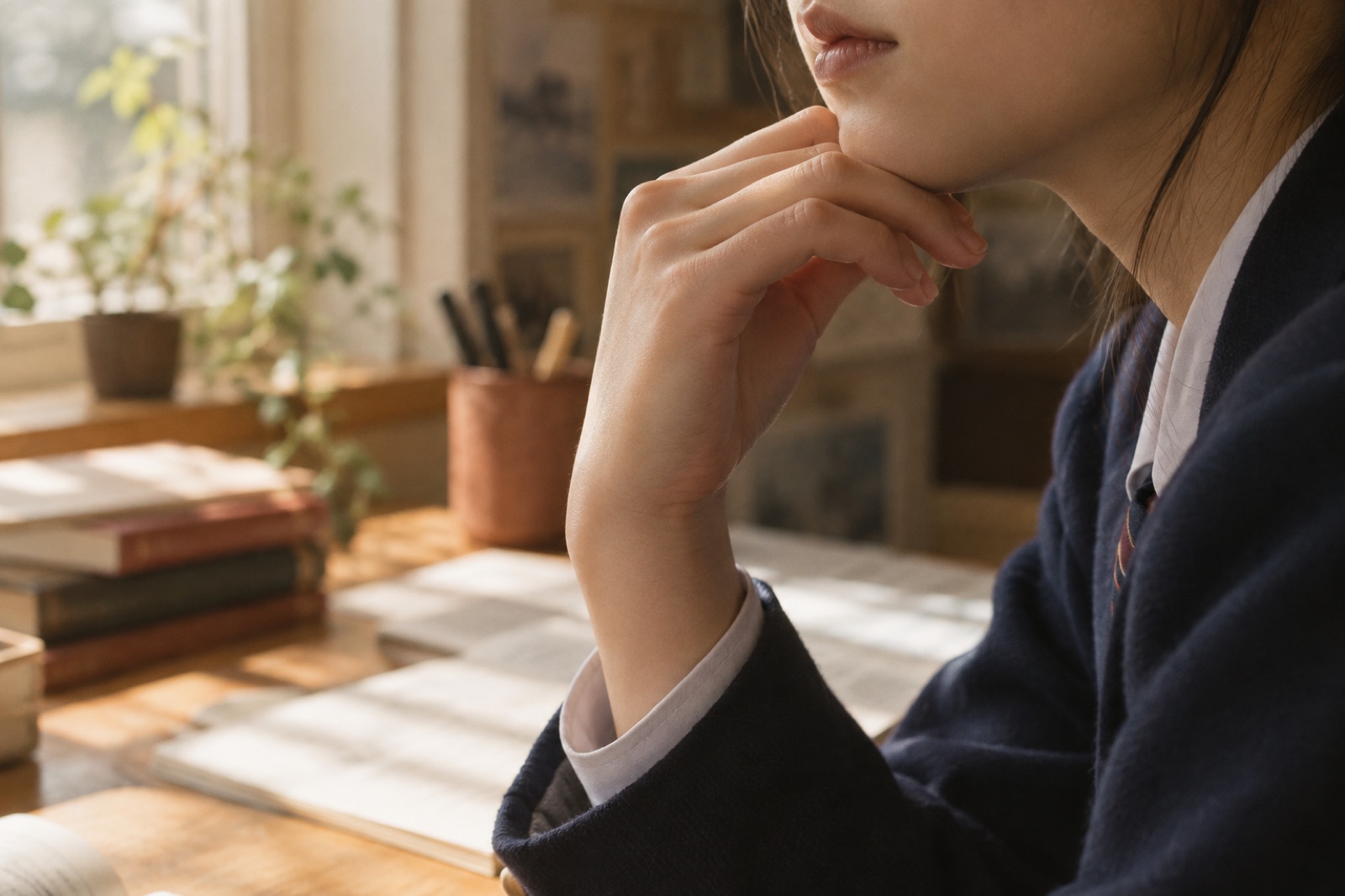 교복 소매 차림으로 공부하며 턱에 손을 괸 10대의 손 클로즈업