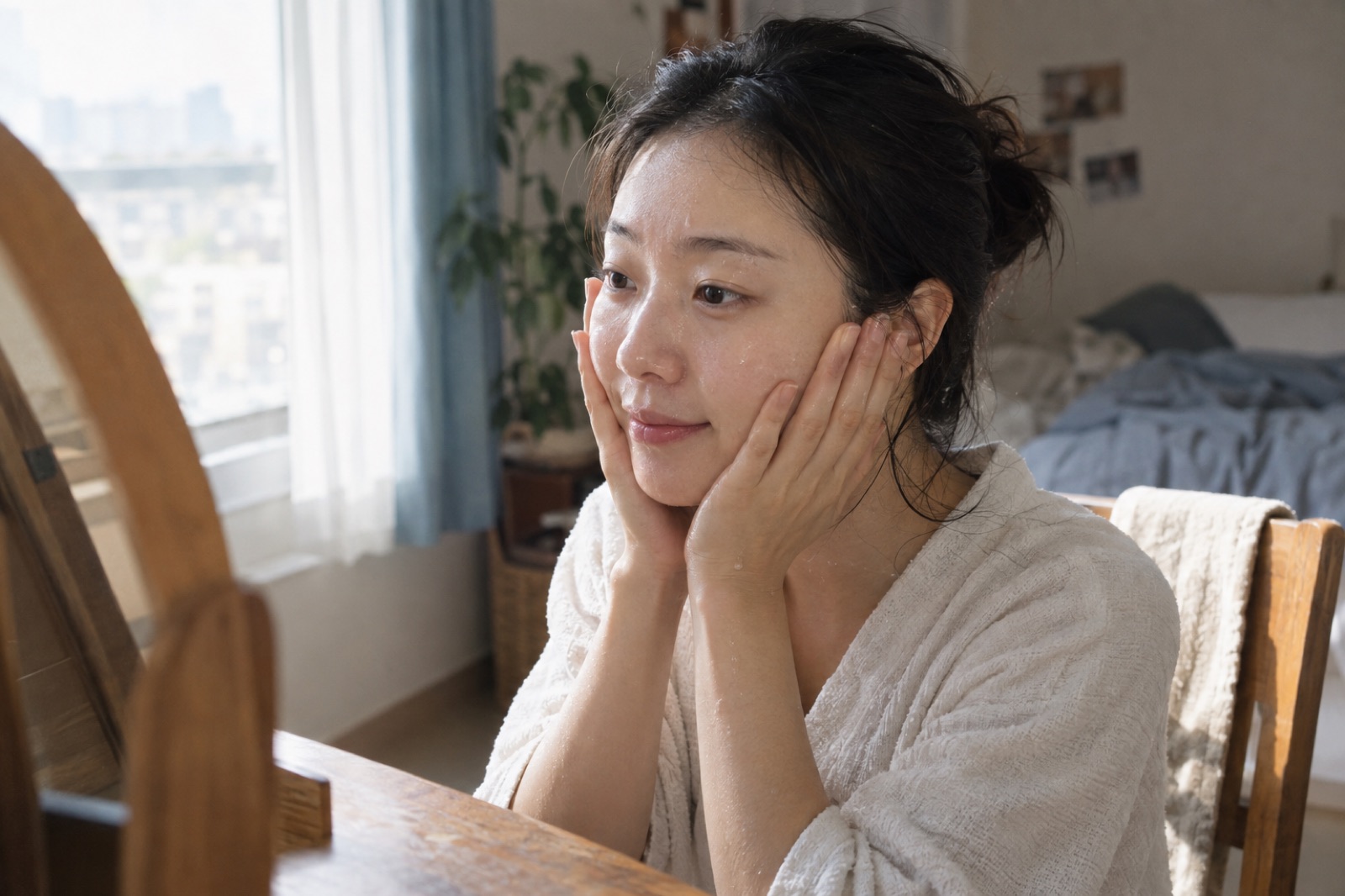창가 화장대 앞에서 물기가 남은 볼에 두 손바닥으로 로션을 눌러 바르는 여성