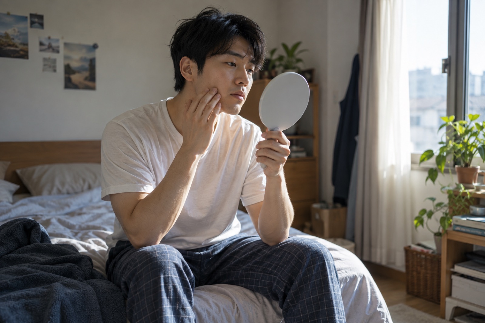 아침 창가에서 손거울로 볼을 살펴보는 20대 남성