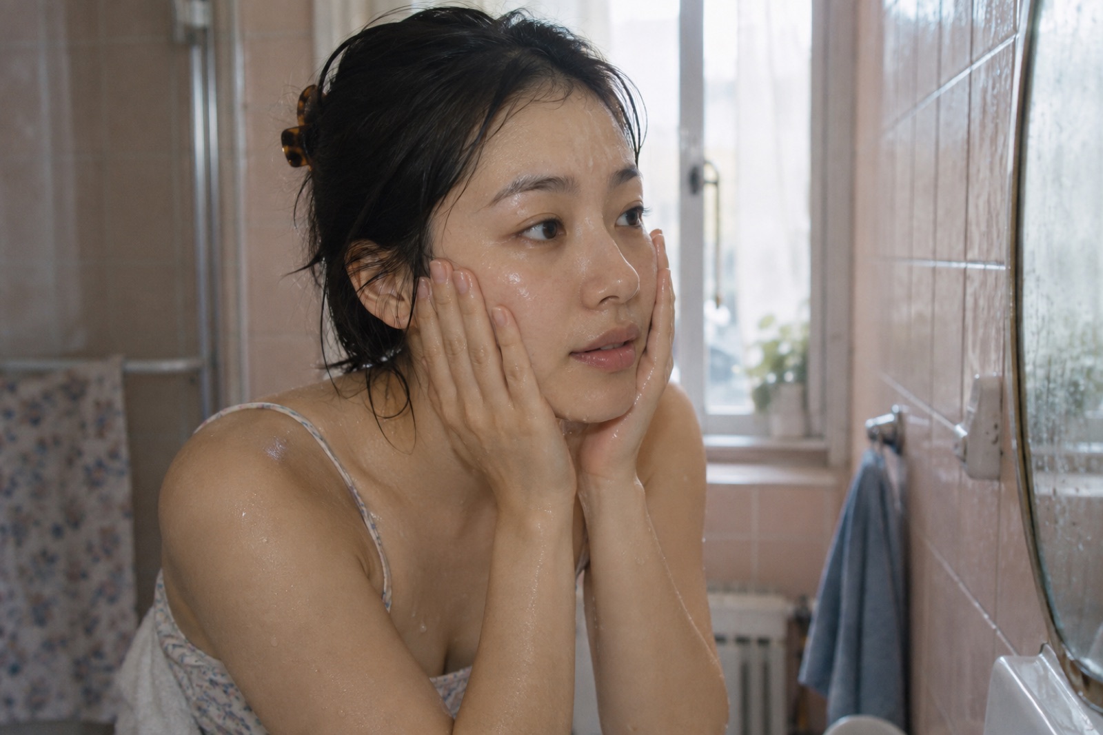세안 뒤 물기 남은 볼을 두 손바닥으로 감싸 누르는 20대 여성